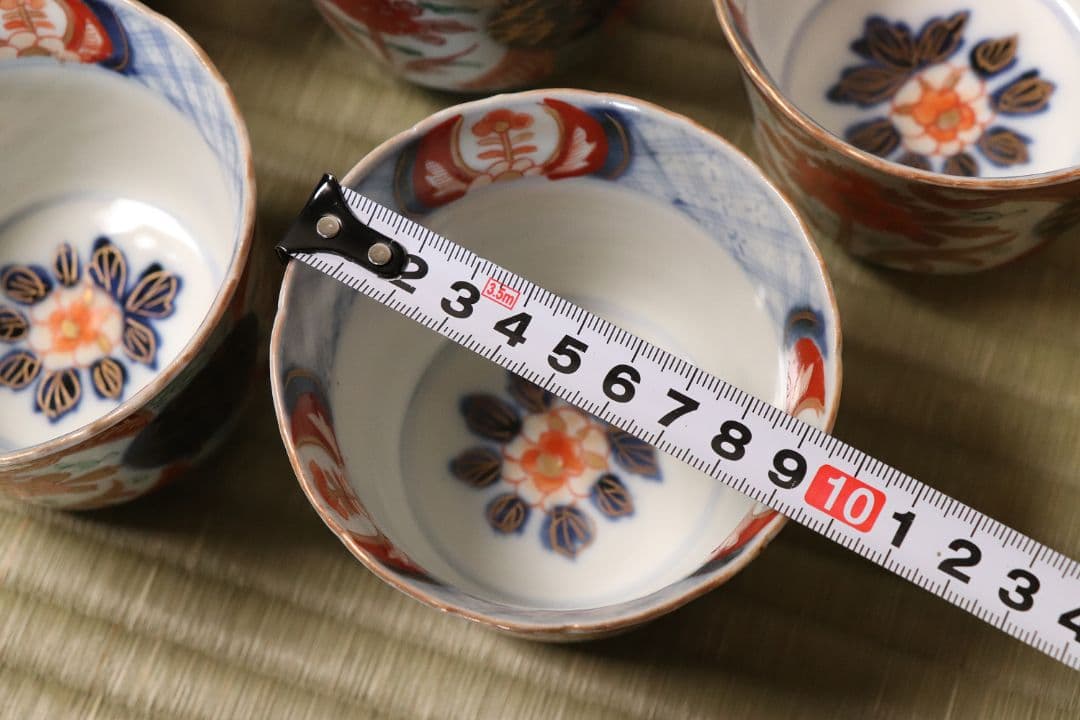 【CM57】古伊万里 色絵 小鉢 向付 五客 蕎麦猪口 草花 青海波 丸文 錦手