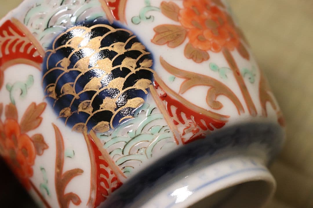 【CM57】古伊万里 色絵 小鉢 向付 五客 蕎麦猪口 草花 青海波 丸文 錦手