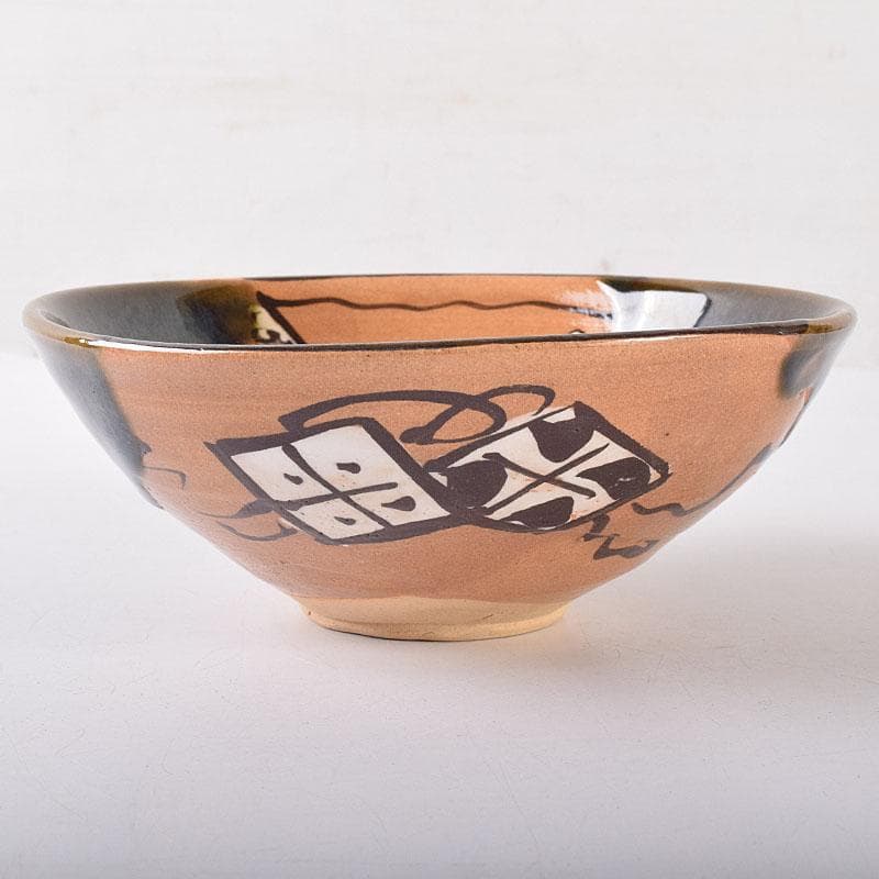 北大路魯山人作　織部焼　於里辺　茶碗　共布共箱　M　R8123