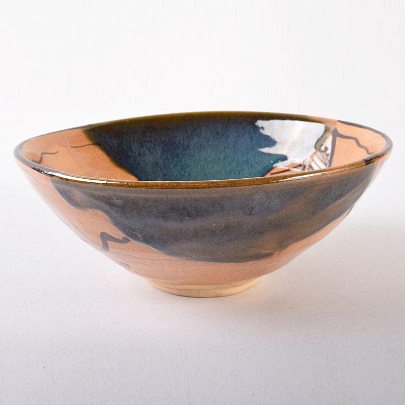 北大路魯山人作　織部焼　於里辺　茶碗　共布共箱　M　R8123