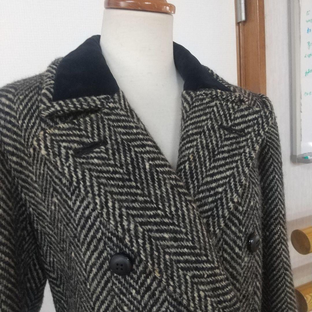 イヴサンローラン ダブルブレストコート ヘリンボーン ツイード 別珍ベロア切替
