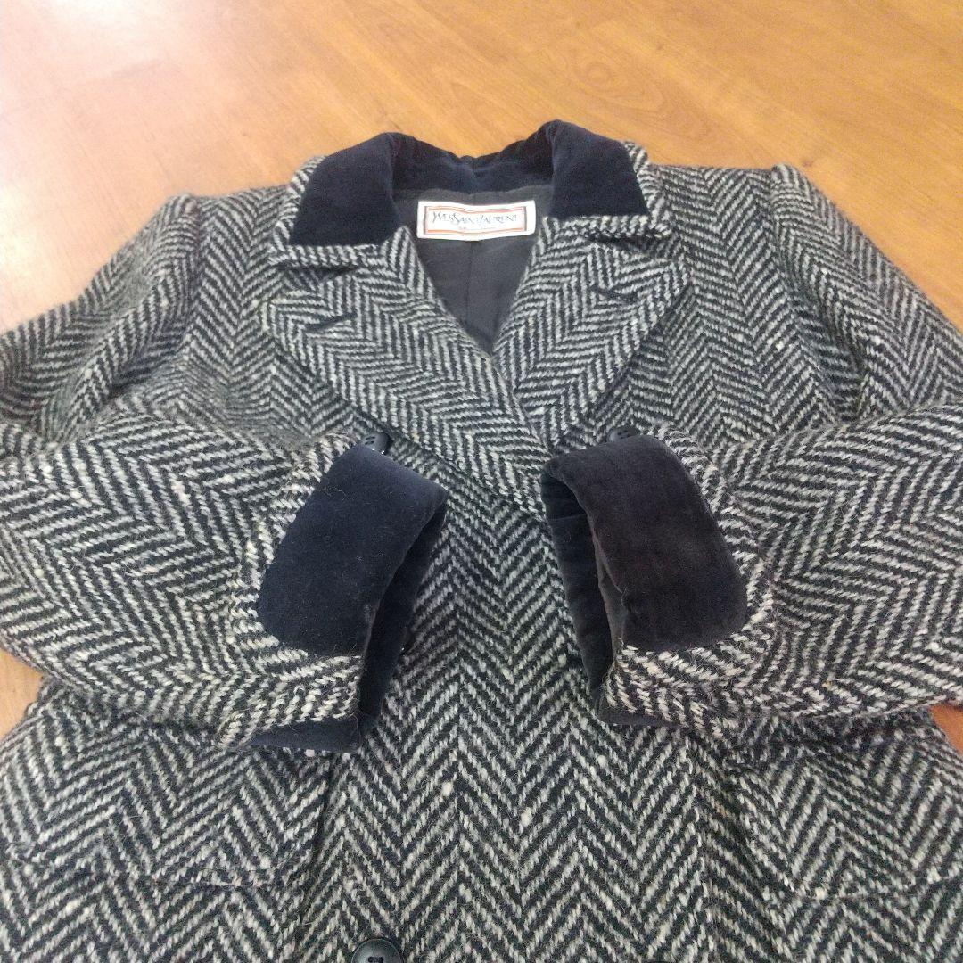 イヴサンローラン ダブルブレストコート ヘリンボーン ツイード 別珍ベロア切替