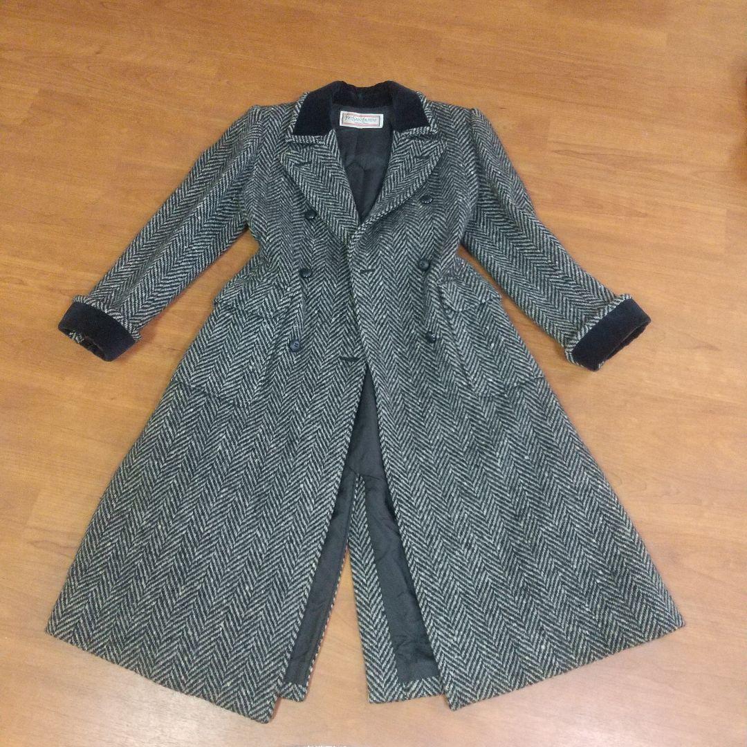 イヴサンローラン ダブルブレストコート ヘリンボーン ツイード 別珍ベロア切替