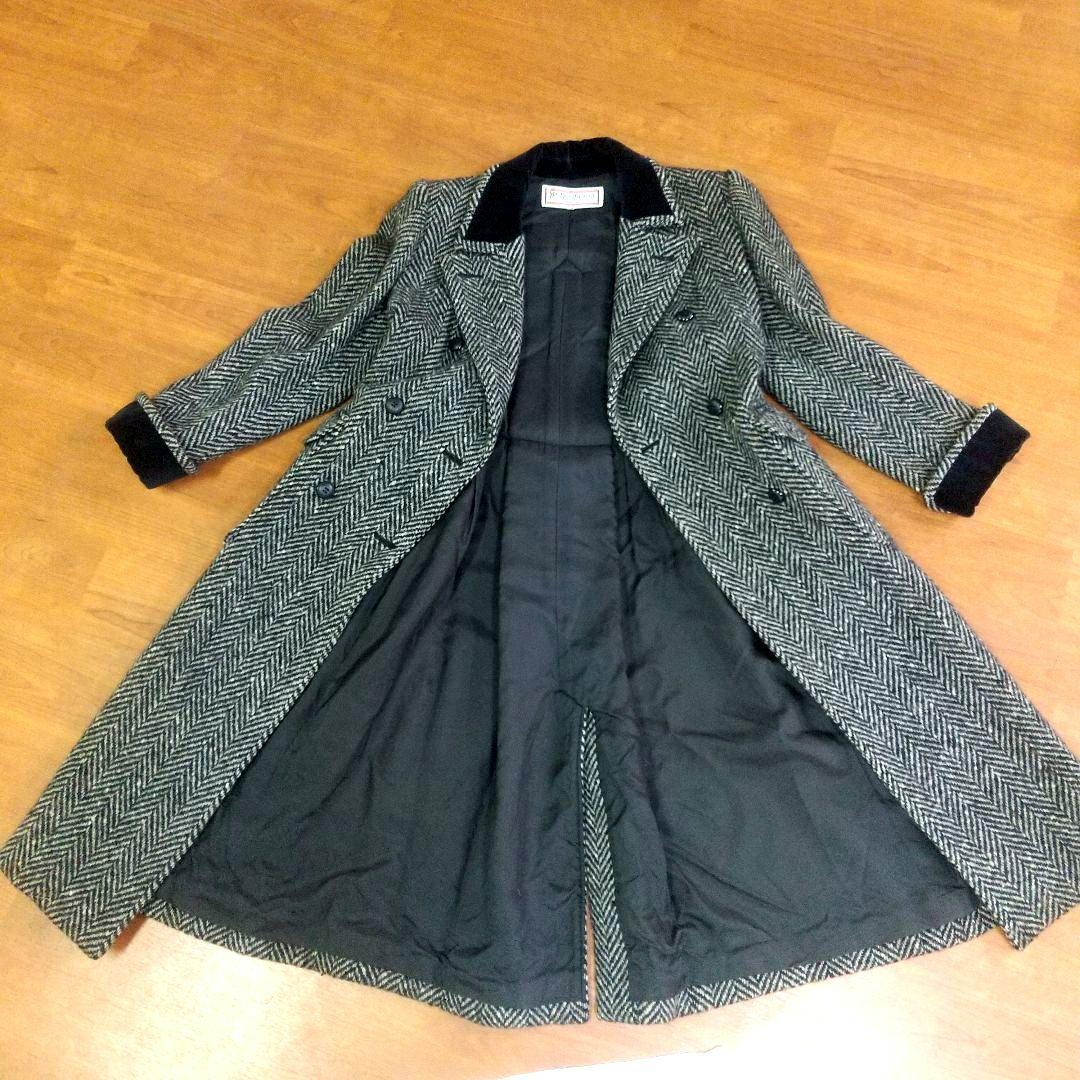 イヴサンローラン ダブルブレストコート ヘリンボーン ツイード 別珍ベロア切替