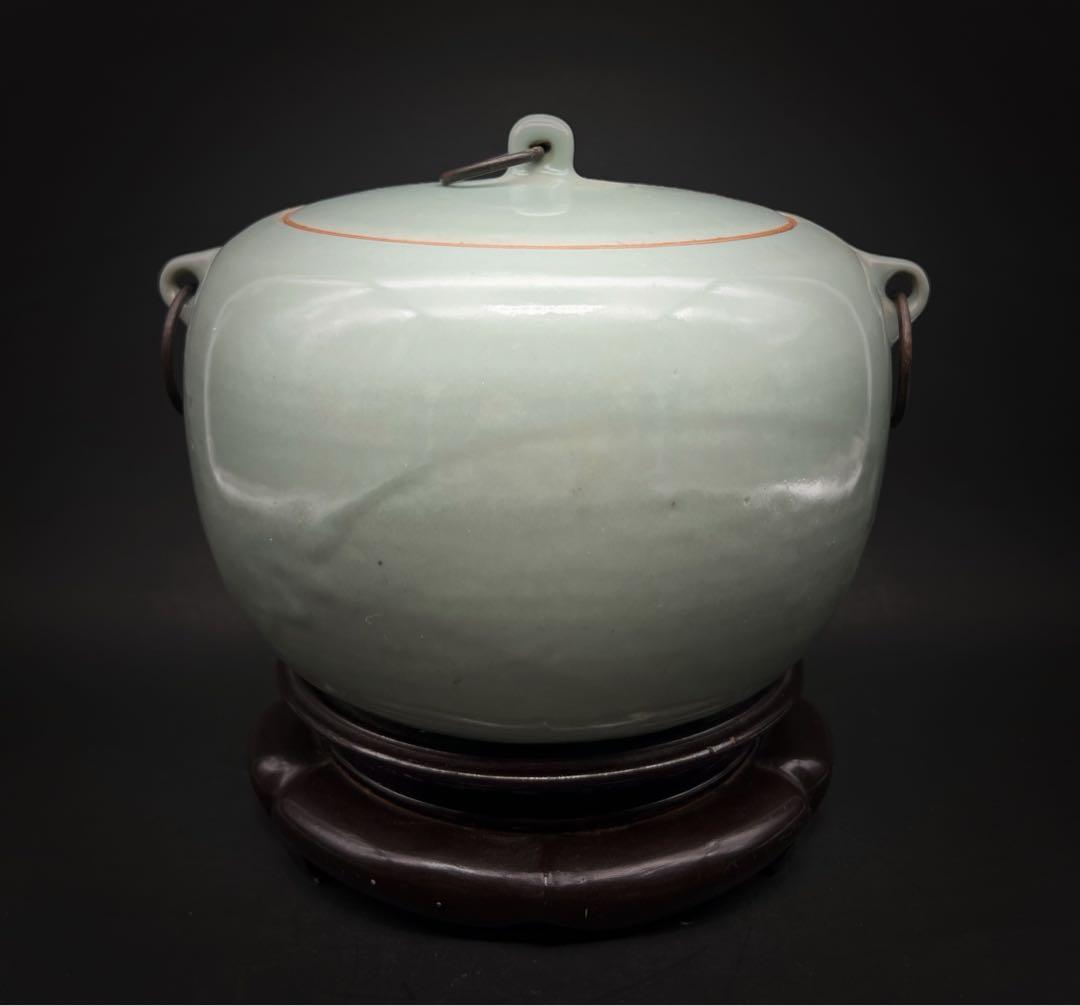 中国美術 古玩 青磁　雙耳お茶入れ　茶道具