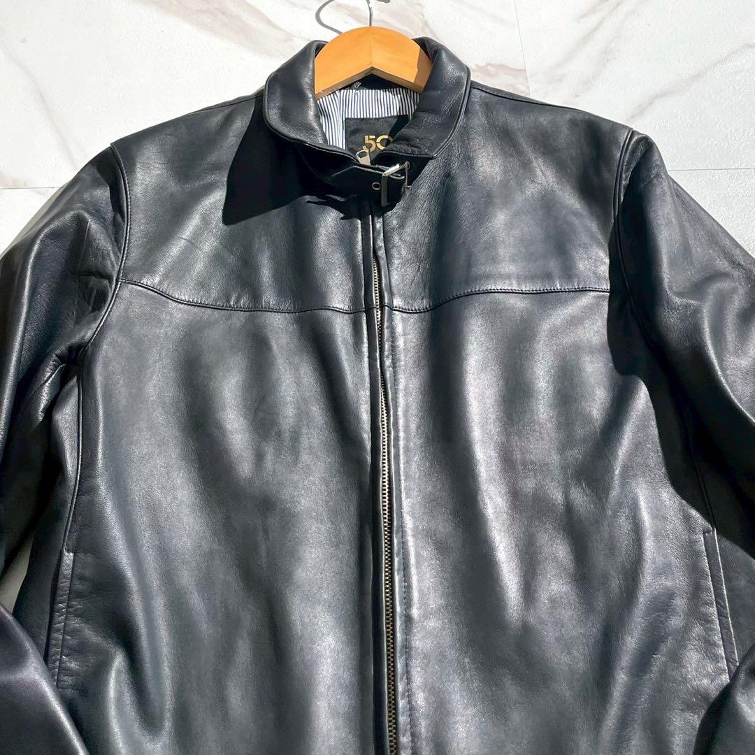 【美品】チンクワンタ レザージャケット 羊革 ネイビー ストライプ シングル