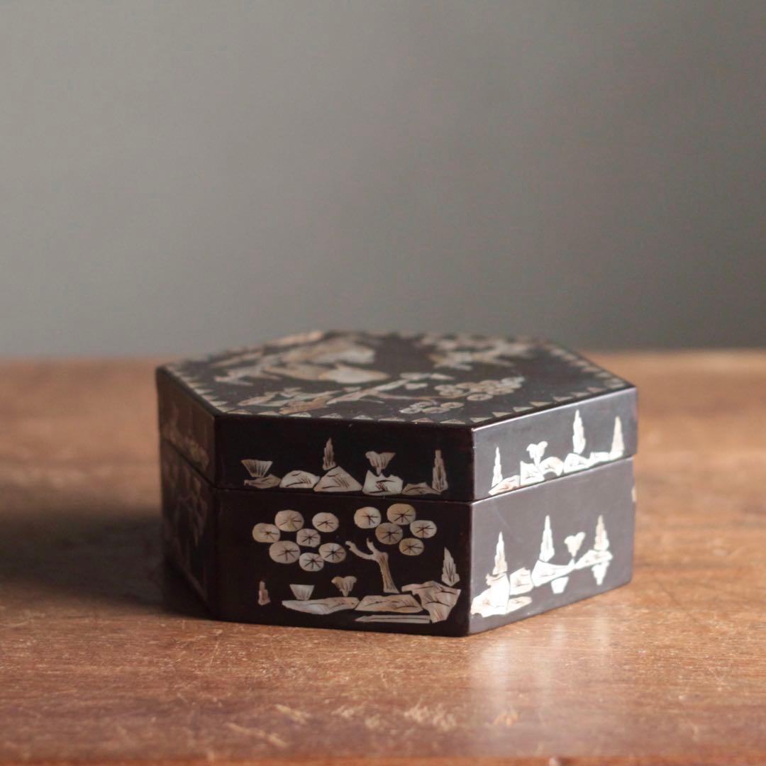 李朝 螺鈿 六角 蓋物 朝鮮美術 古美術 古道具 アンティーク