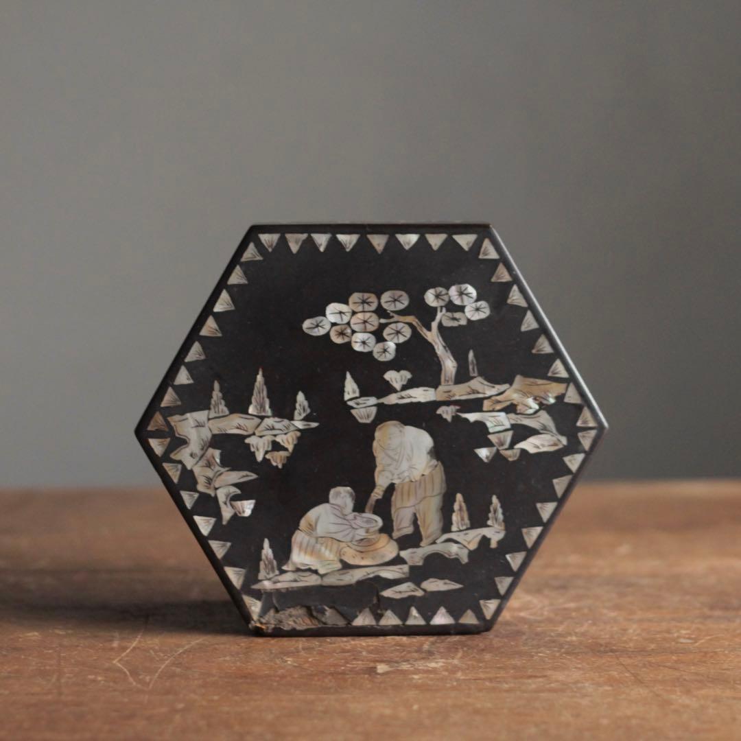 李朝 螺鈿 六角 蓋物 朝鮮美術 古美術 古道具 アンティーク