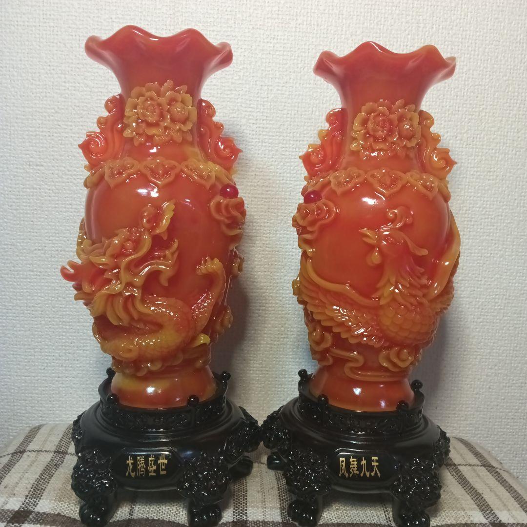 中国美術 朱色の龍の彫刻と鳳凰の彫刻 置物 風水アイテム