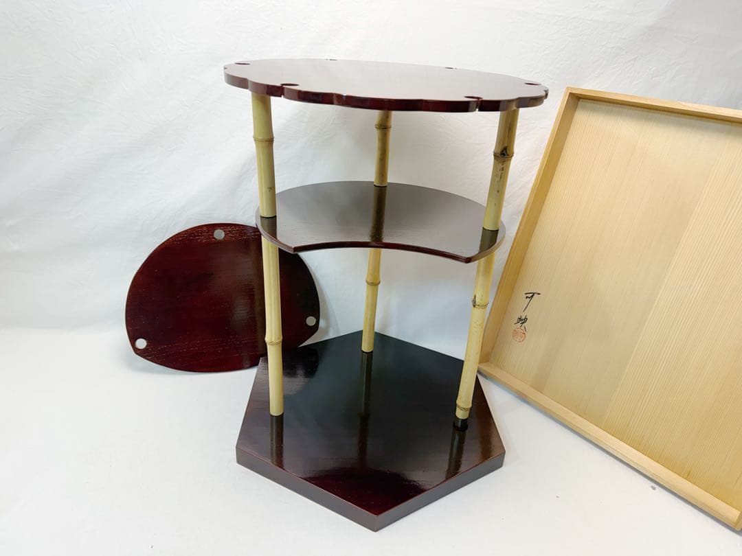 ほぼ未使用 茶道具 指物師 渡辺可映作 江戸千家八代一元斎好写 亀甲棚 溜塗共箱