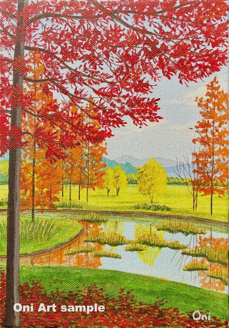 アクリル画　原画　「オータムパーク01」額縁付き　SMサイズ　風景画