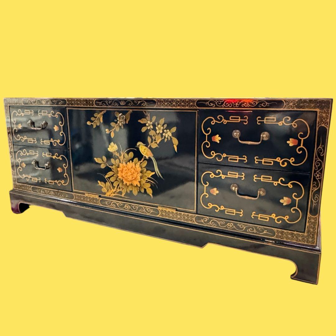 花柄装飾 箪笥 ローチェスト TV台 4段引き出し 開き扉付 螺鈿細工