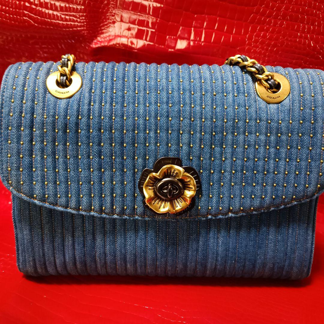 COACH　ショルダーバッグ　花　フラワー　チェーンショルダー　デニム