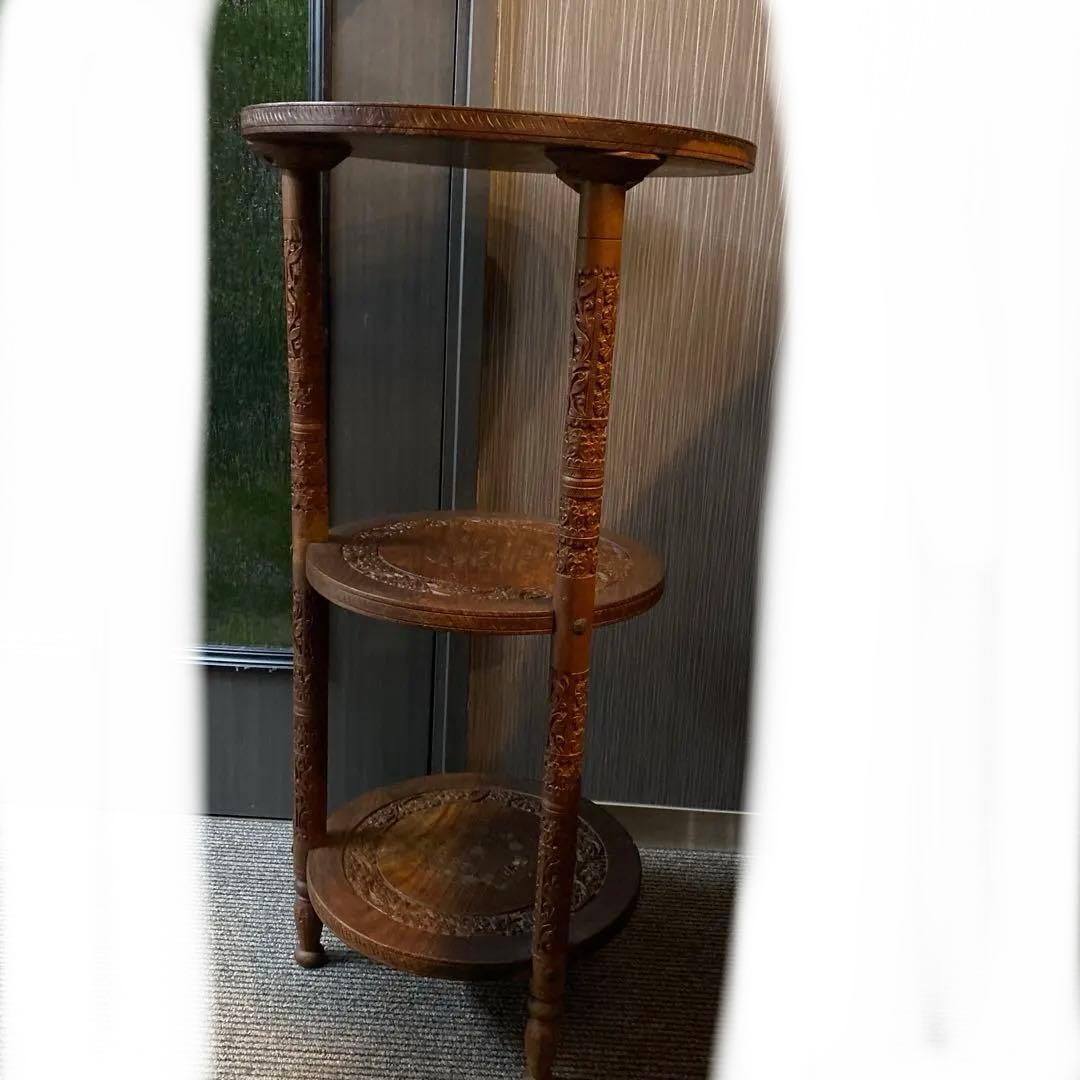 INDIA製 インド製　木製3段サイドテーブル　アンティーク