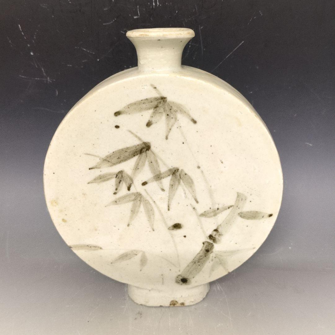 李朝白磁鉄絵竹文扁瓶 李朝時代