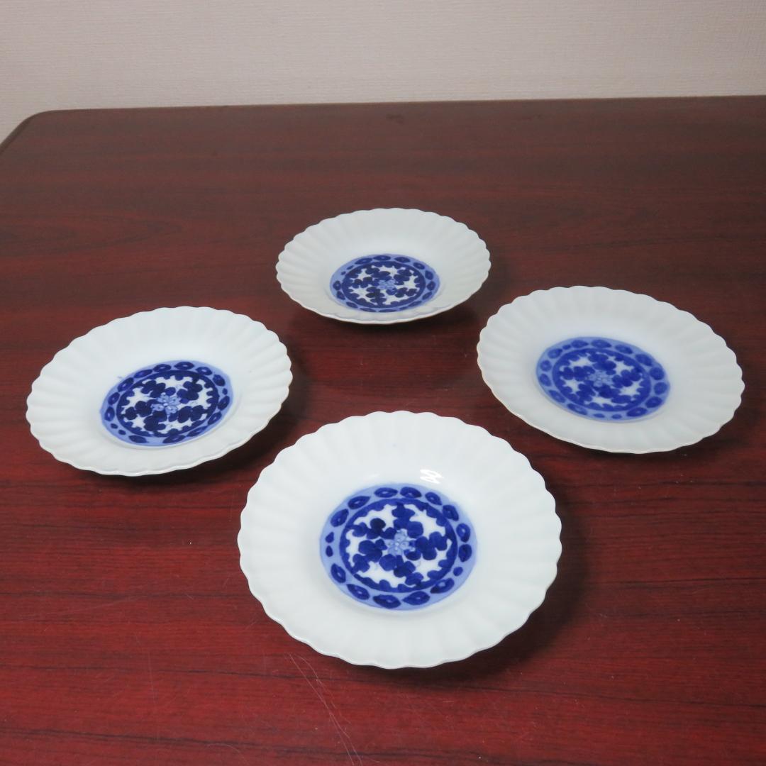 白磁 染付 菊型 皿 4枚 花文様 古伊万里