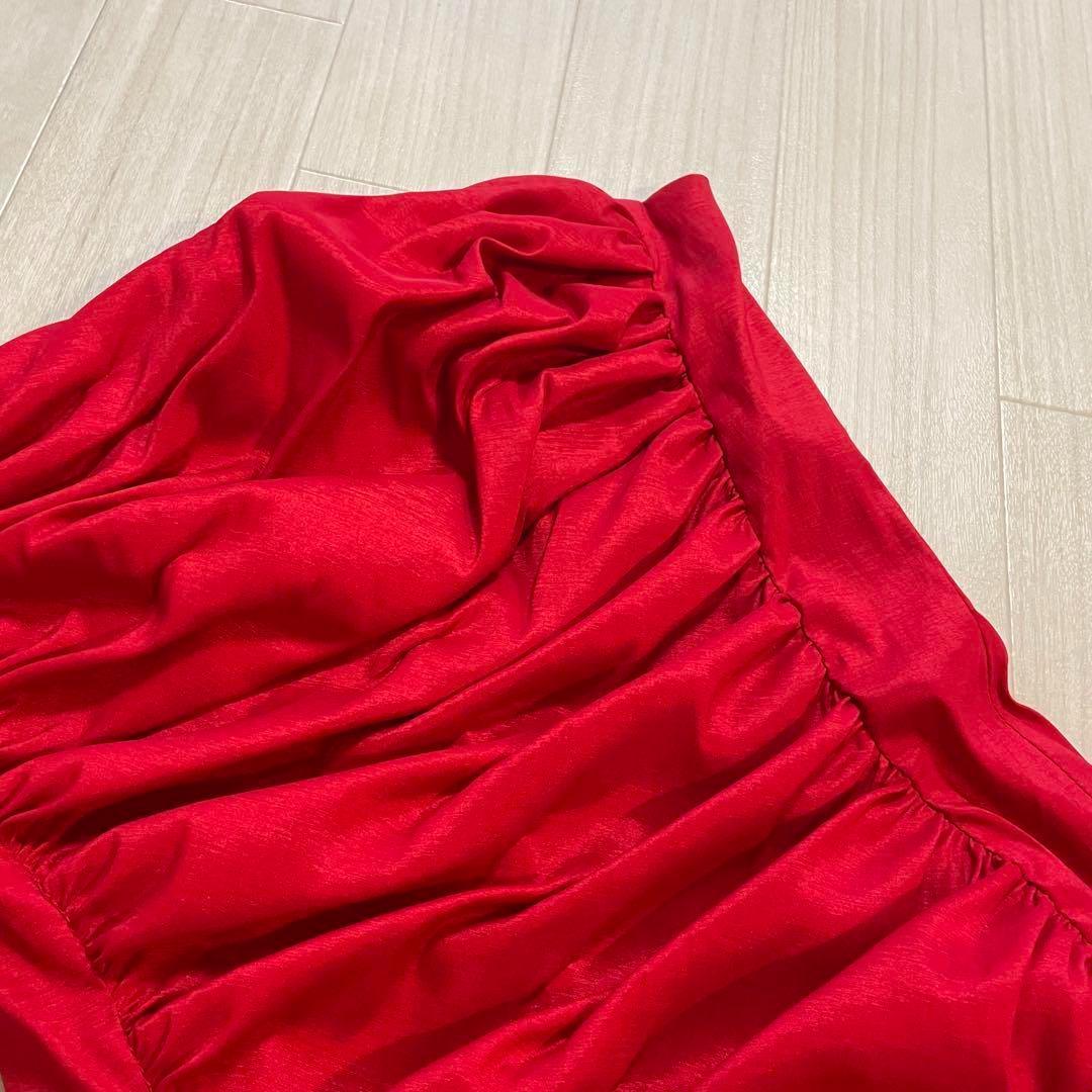 ジェシカマクリントック　パーティドレス　レッド フリル　ストラップレスロングS