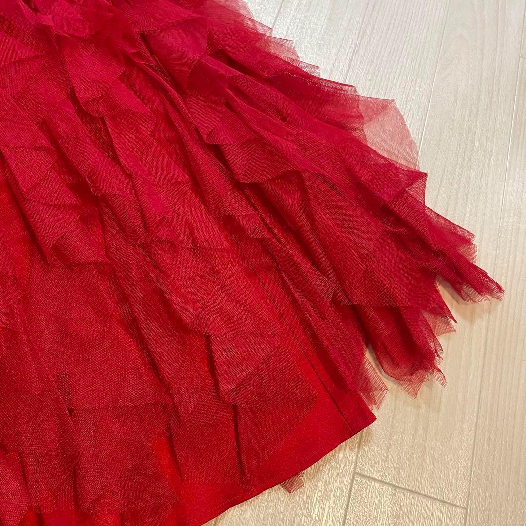 ジェシカマクリントック　パーティドレス　レッド フリル　ストラップレスロングS