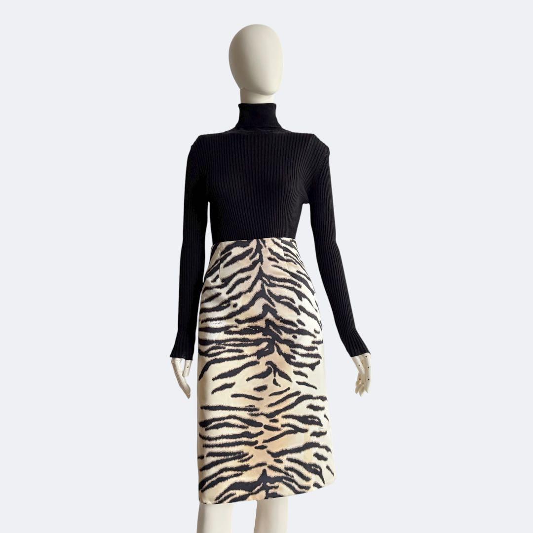 CELINE セリーヌ タイガープリント シルク混ミディスカート フランス製