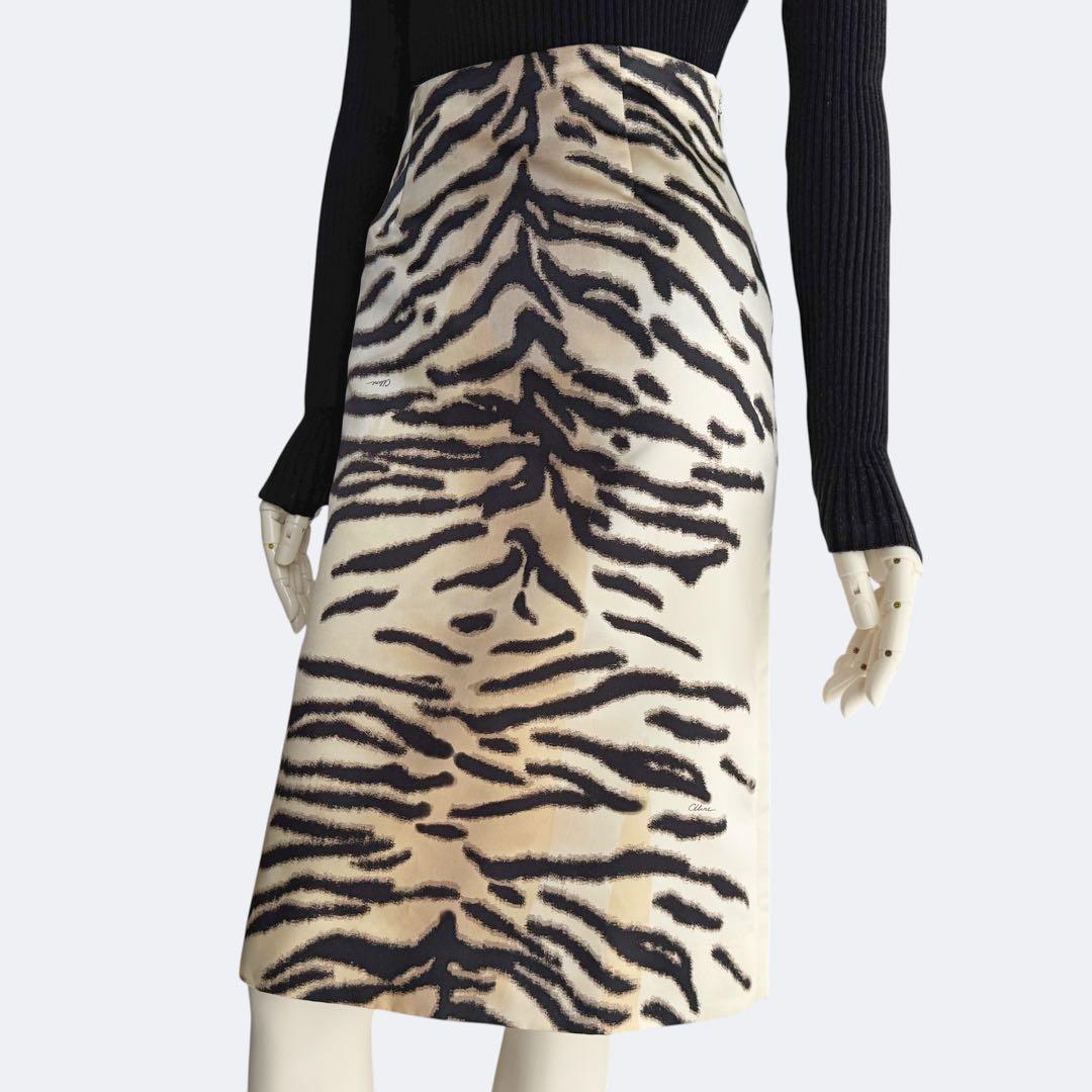 CELINE セリーヌ タイガープリント シルク混ミディスカート フランス製