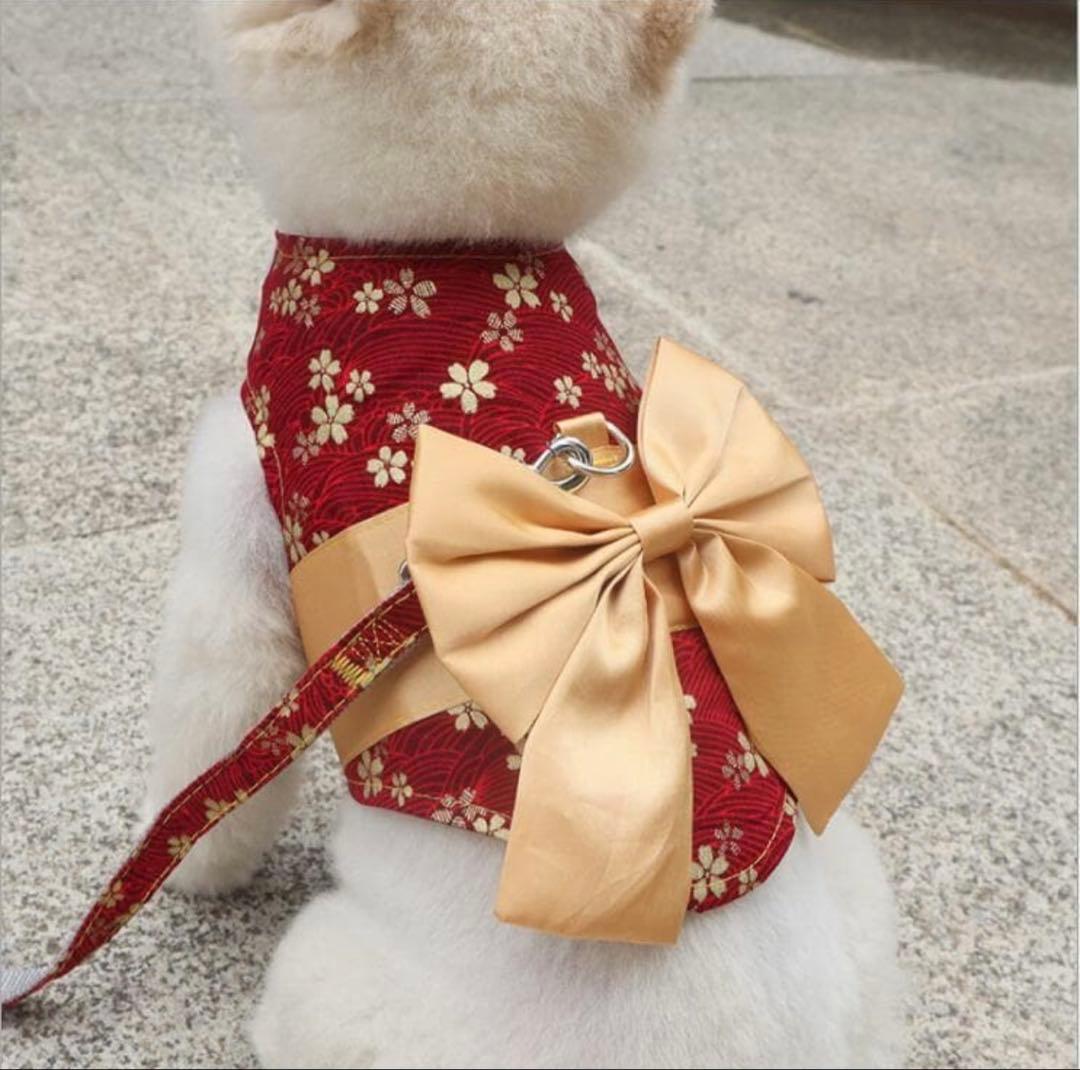着物和風大きなリボン付ハーネスリードセット猫服ドッグウェアわんこ服犬服 犬の服