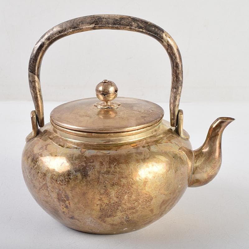 煎茶道具　いぶし銀　銀流　湯沸　約424g　時代箱付　M　R9460