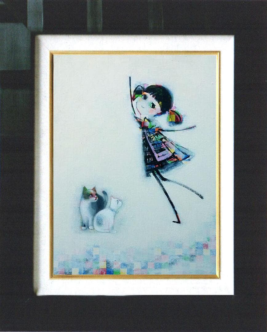 油絵 菅家令子絵 絵画インテリア額付(青緑＋金色の枠)F4-030419猫女の子