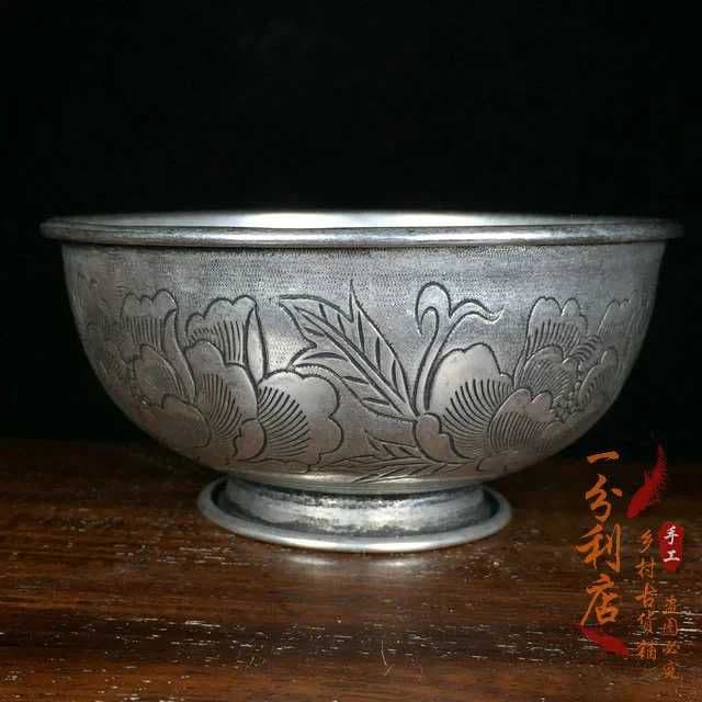 骨董品，925銀のボウル，花が咲き富貴である，銀の椀