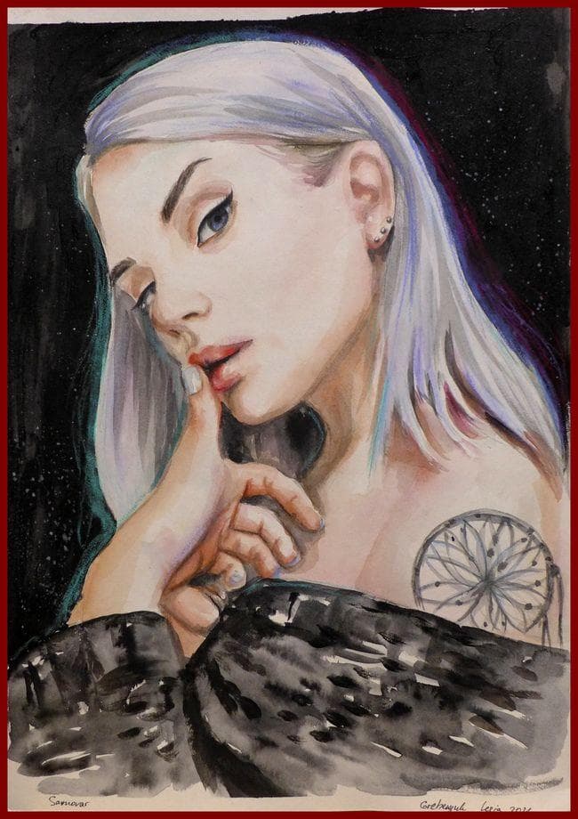 イラスト原画　銀髪少女の眼差し「の女」