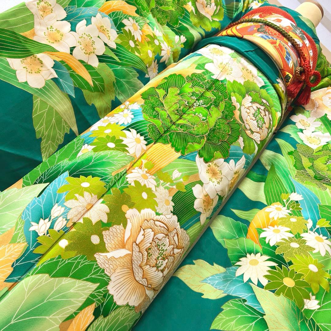 434 振袖フルセット やや難あり 正絹 緑 グリーン 金彩 駒刺繍 暈し染め