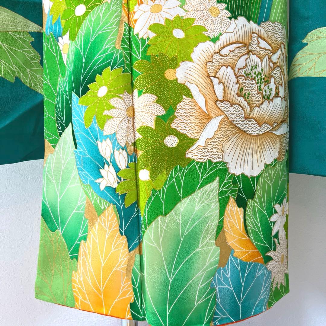 434 振袖フルセット やや難あり 正絹 緑 グリーン 金彩 駒刺繍 暈し染め