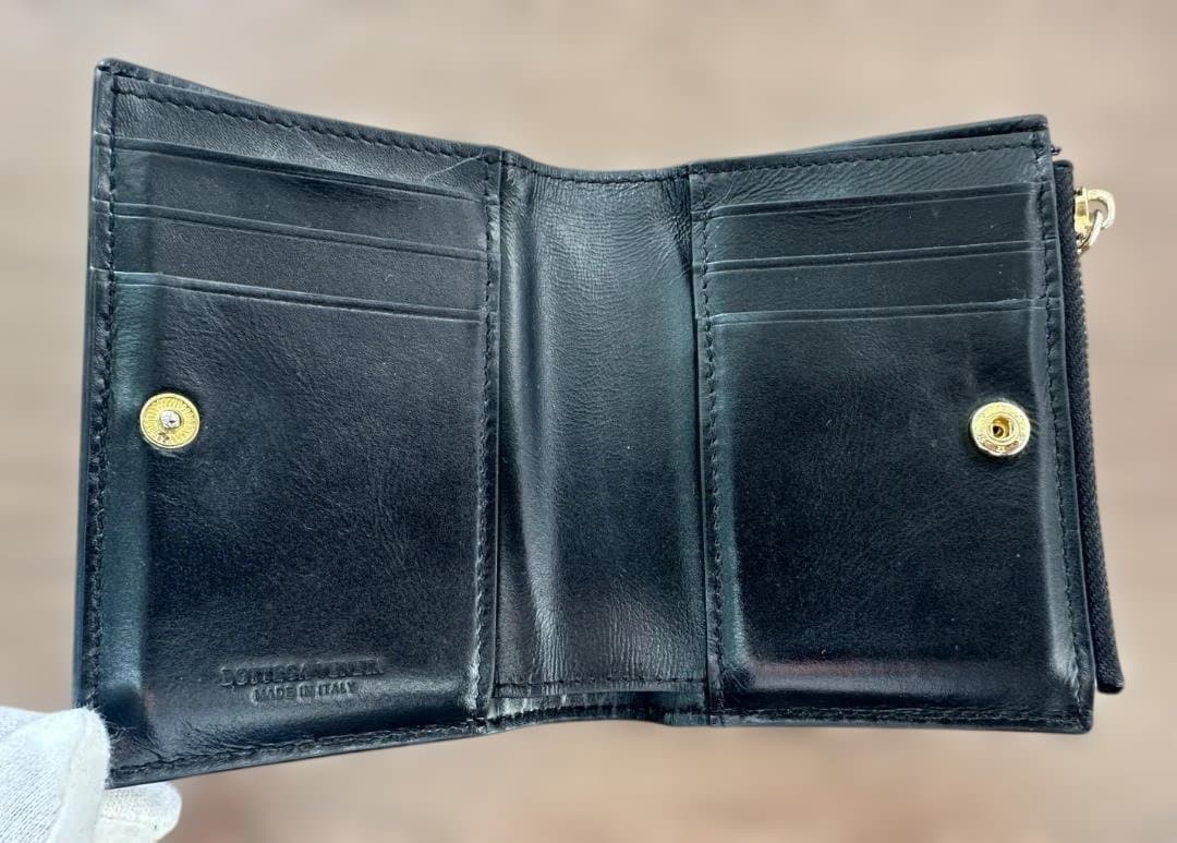 BOTTEGA VENETA 二つ折り財布 マキシイントレチャート レザー 黒