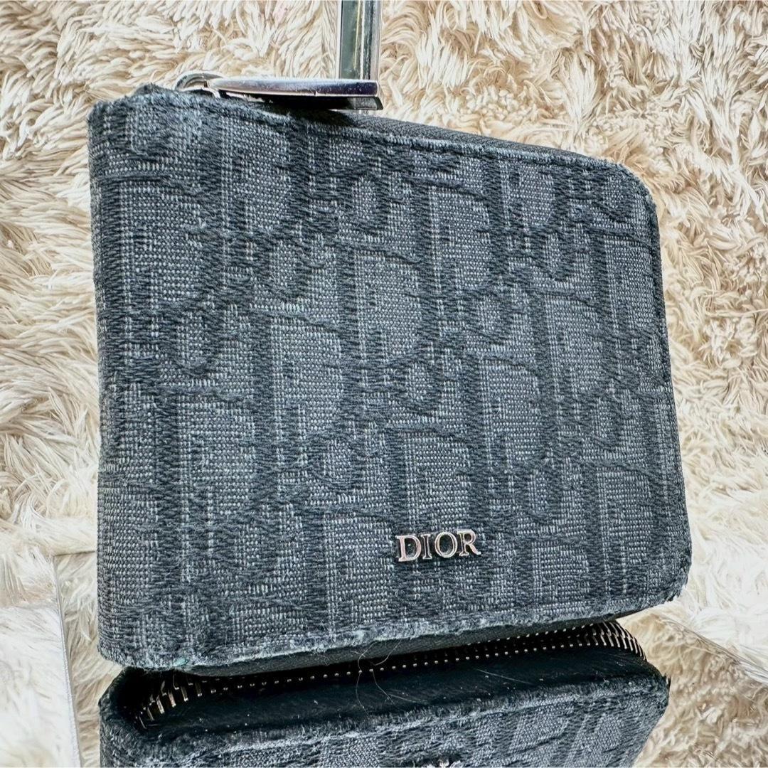 【美品】クリスチャンディオール 二つ折り財布 グレー キャンバス トロッター