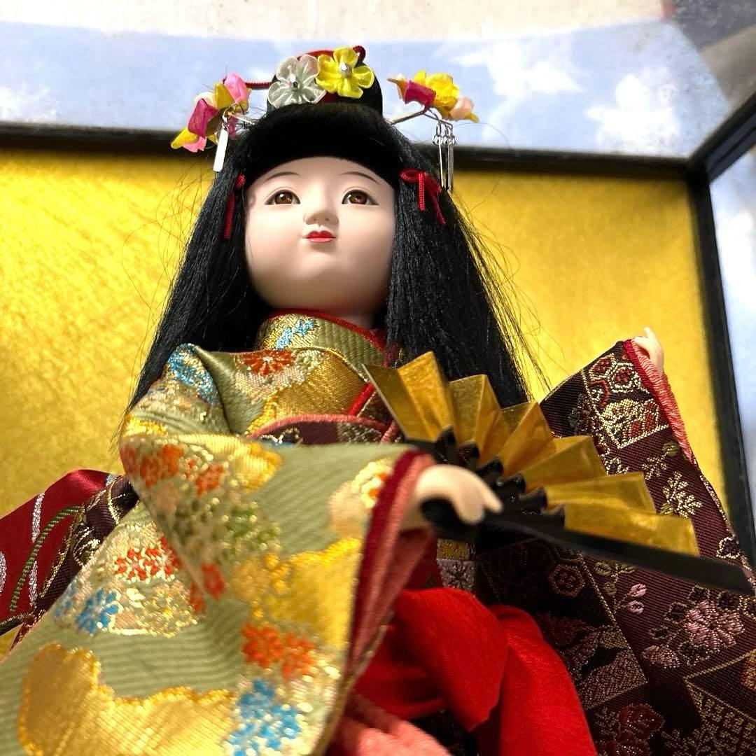 日本人形 市松人形 金扇子 舞踊 台付き 正絹 美少女 御所人形 桜山作