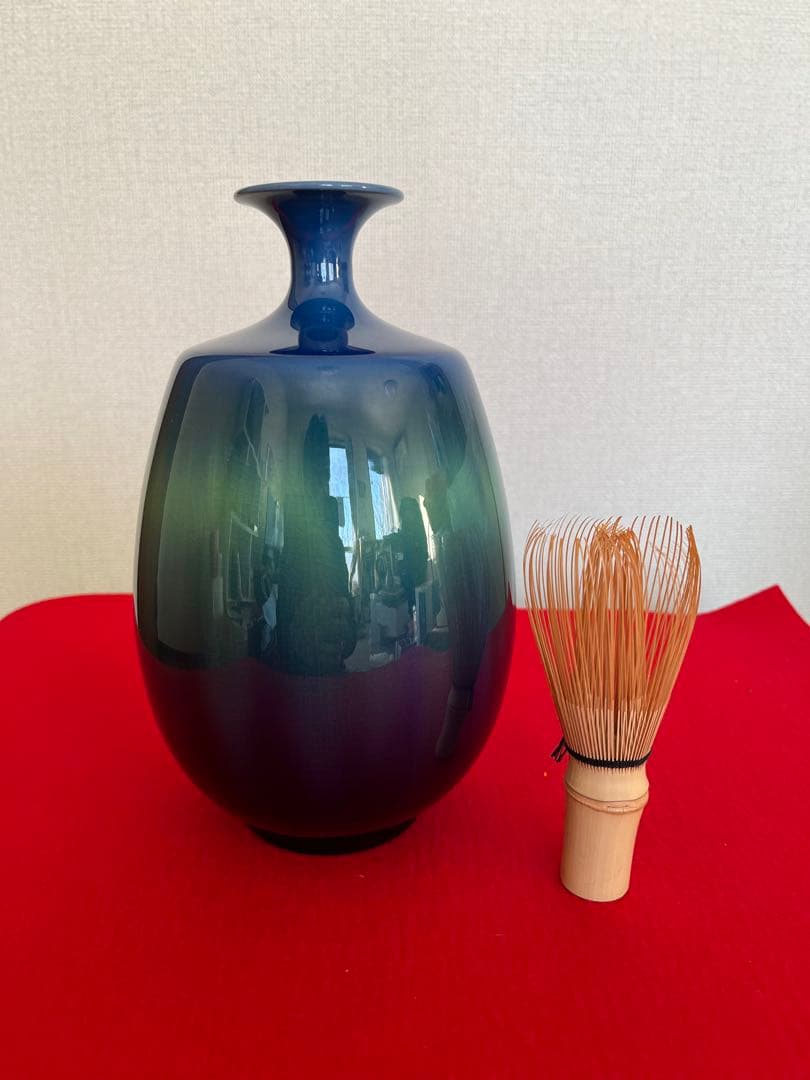 人間国宝 柳雨軒 三代 徳田八十吉 碧明釉 壺 管理T250 共箱 陶歴付