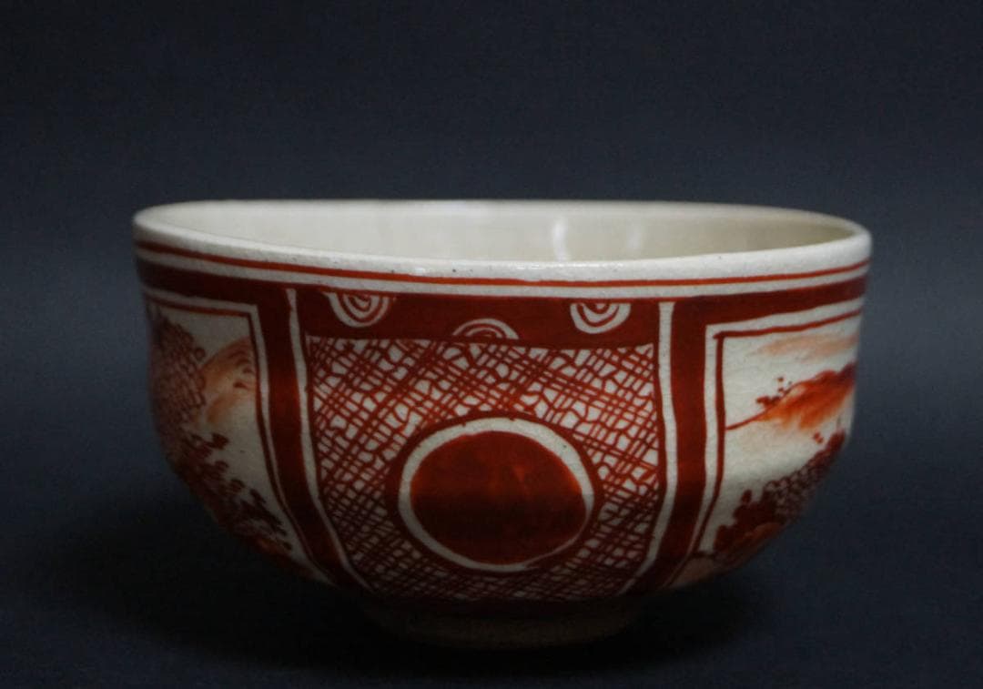 赤絵 窓絵『山水風景人物物語文』茶碗 抹茶碗/ 茶事 茶道具