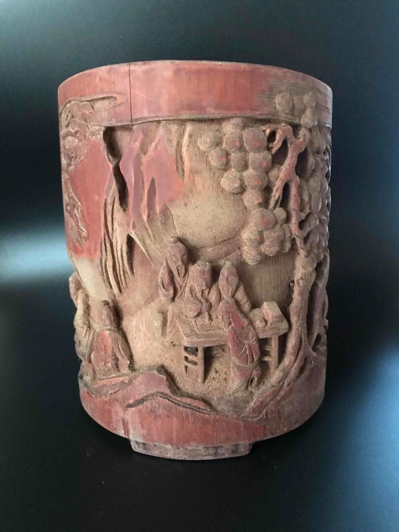 清時代　竹林七仙紋竹筆筒　筆立　筆掛(E-9)