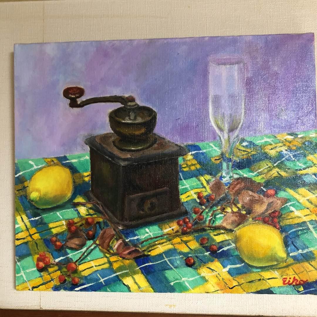 油絵-コーヒー挽きと私 作:Eiko