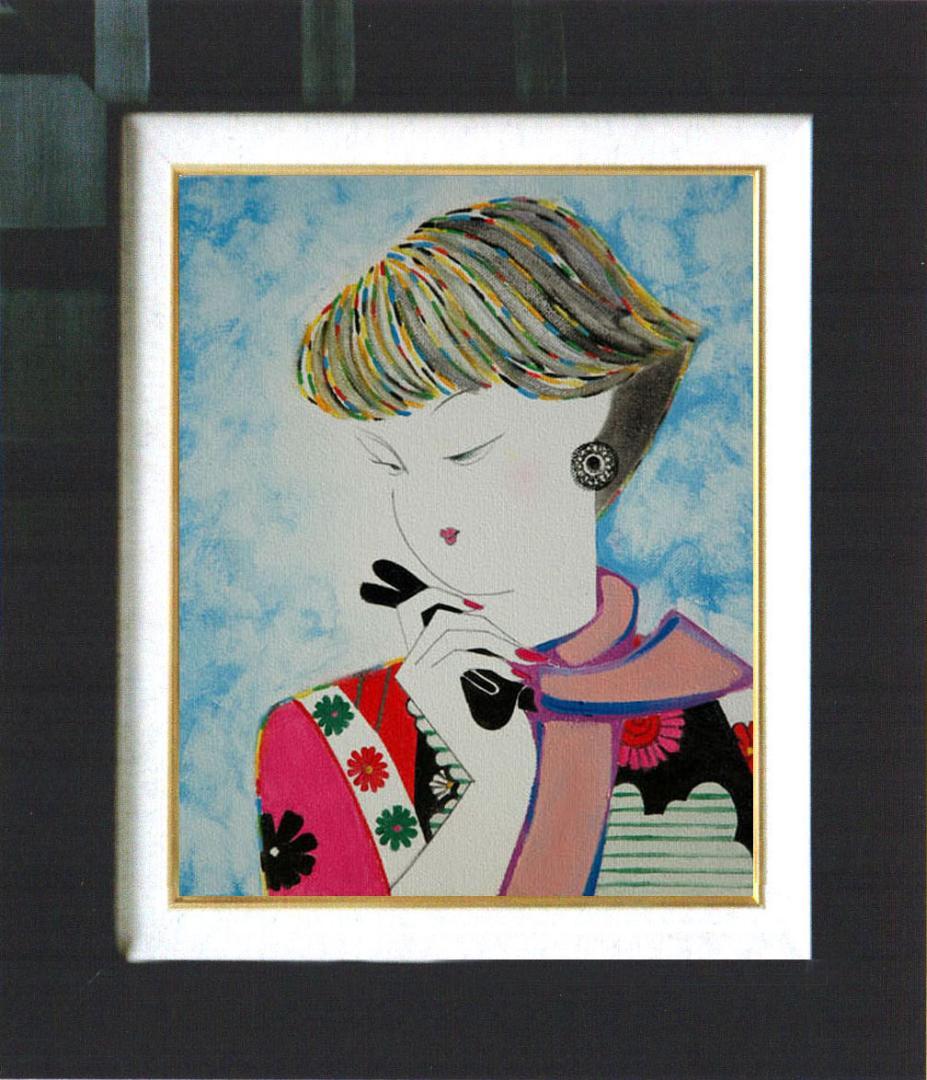 油絵 菅家令子 絵 絵画 インテリア 額付(青緑＋銀) F3-010311 女性