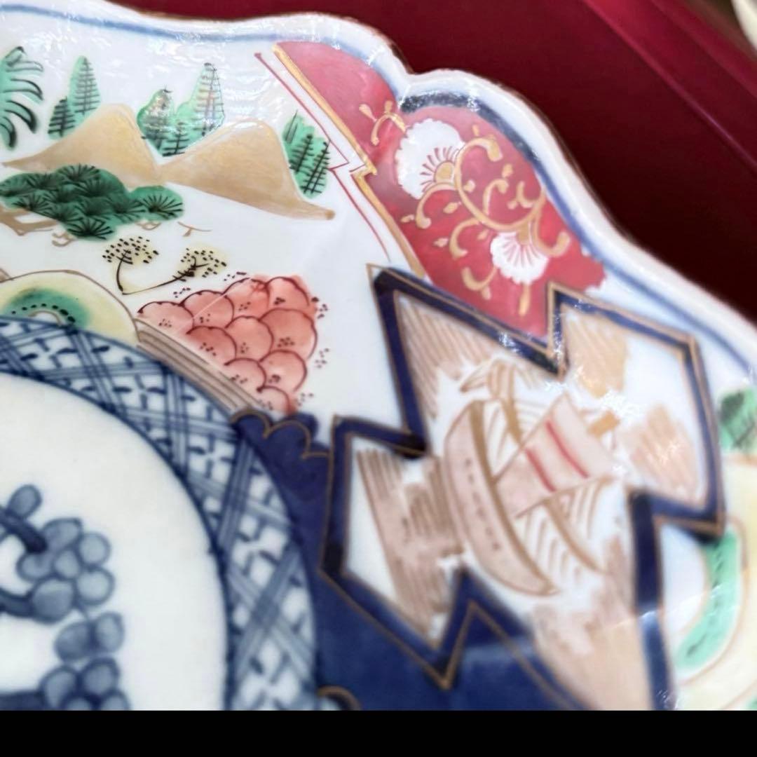 新春特別価格‼️降誕祭GOLD伊万里錦手　帆かけ舟❌山水❌米俵富貴長春八寸皿5客