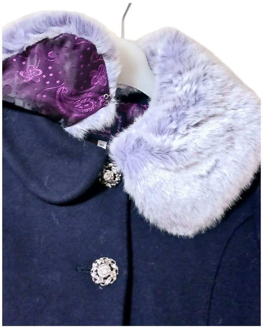 ANNASUI MINI◆ロングコート◆160 ファー ビジュー 花柄 ネイビー