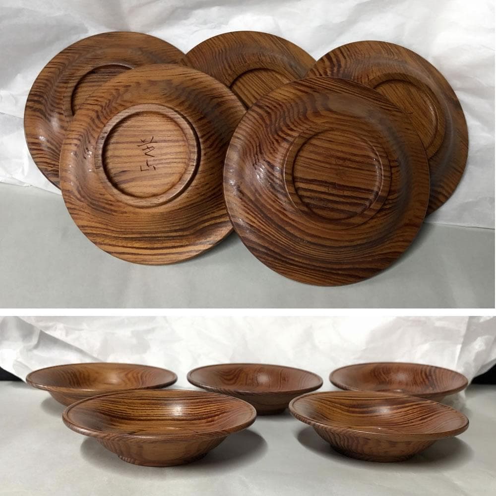 e1913 太田芝山作 老松茶托 五客 共箱 共布 茶道具