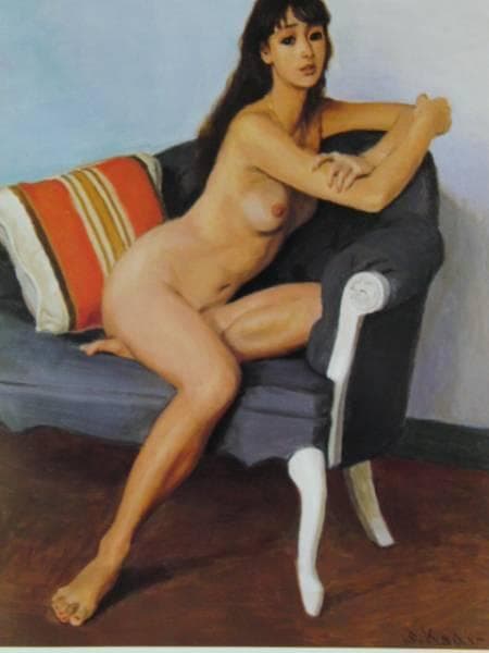 梶 進 「カウチソファーの裸婦」、限定画集より、藤島 武二、新品額装付