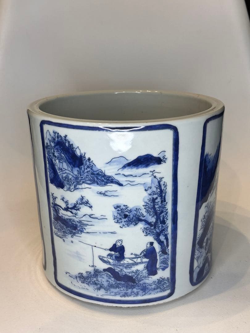 大清康熙年製底款 青花染付 建水 缸 四面開窓人物山水図 时代物 中国古美術