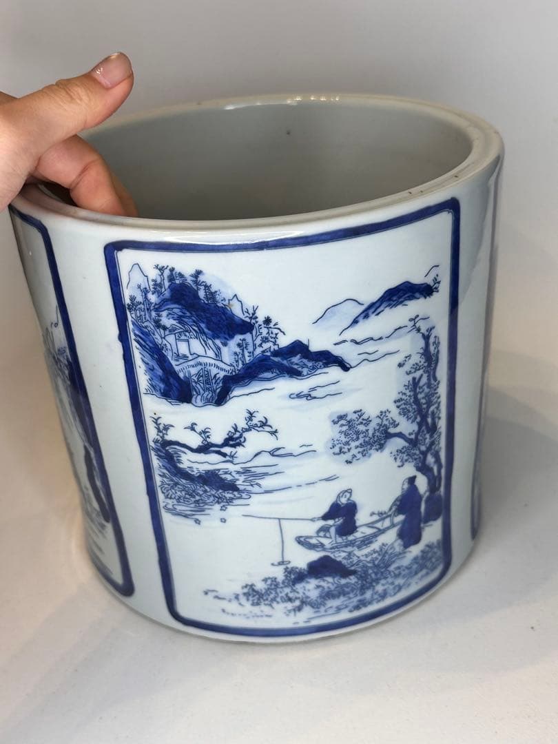 大清康熙年製底款 青花染付 建水 缸 四面開窓人物山水図 时代物 中国古美術