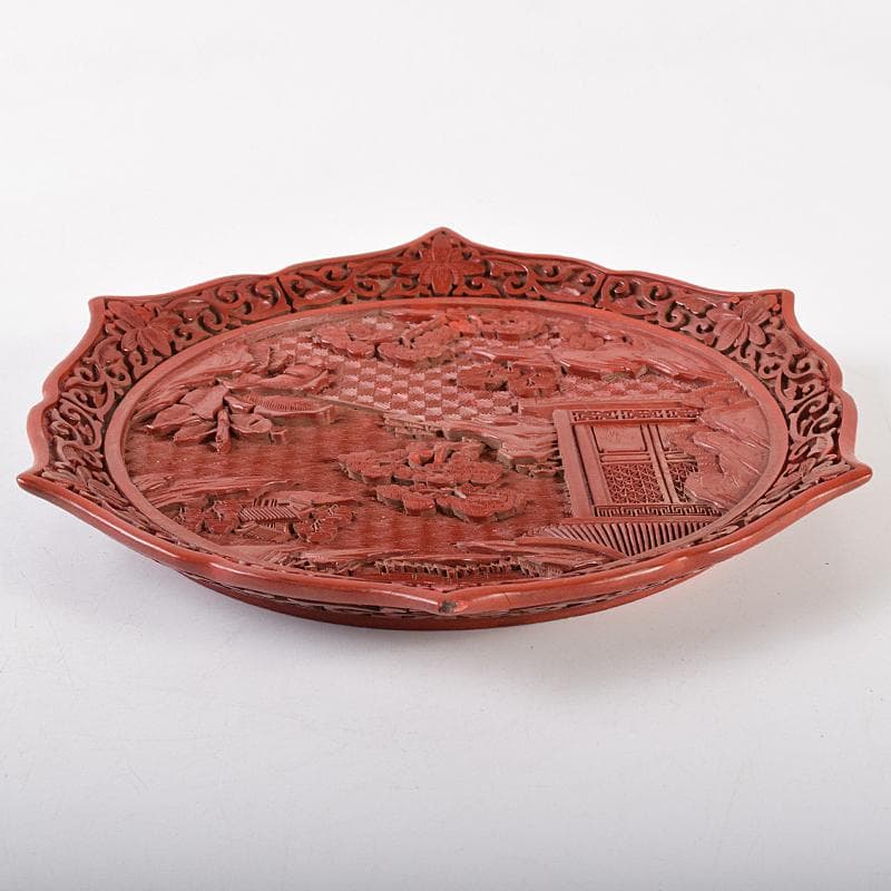 中国　堆朱　山水楼閣彫　針木盆　輪花盆　時代箱付　F　R8632