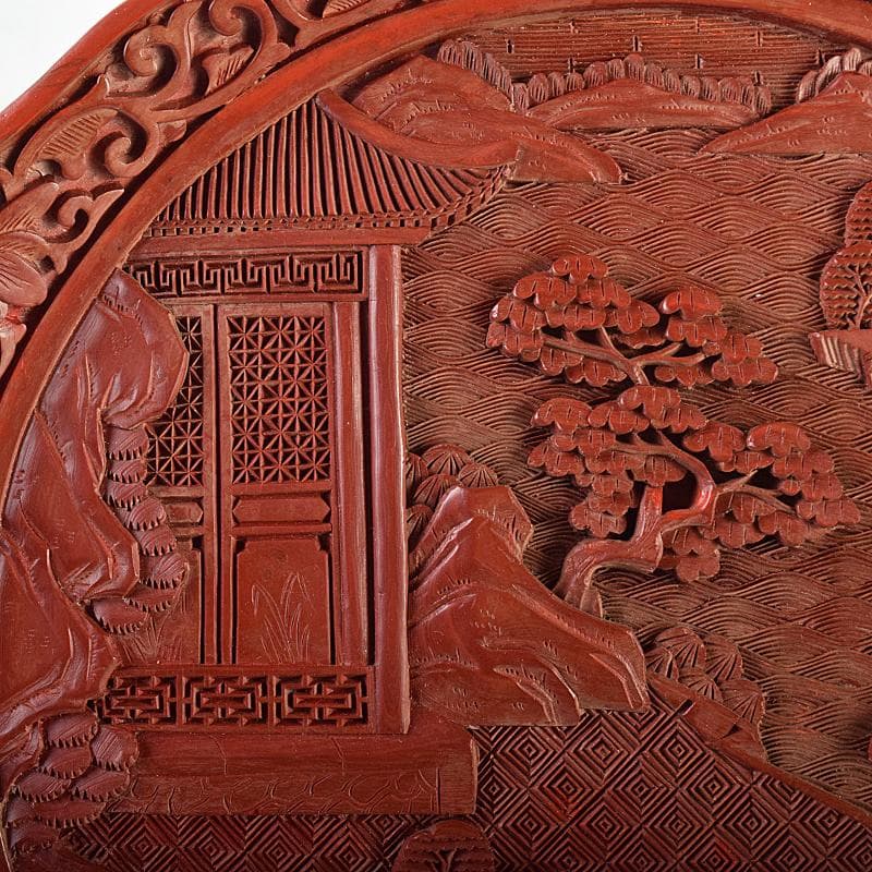 中国　堆朱　山水楼閣彫　針木盆　輪花盆　時代箱付　F　R8632