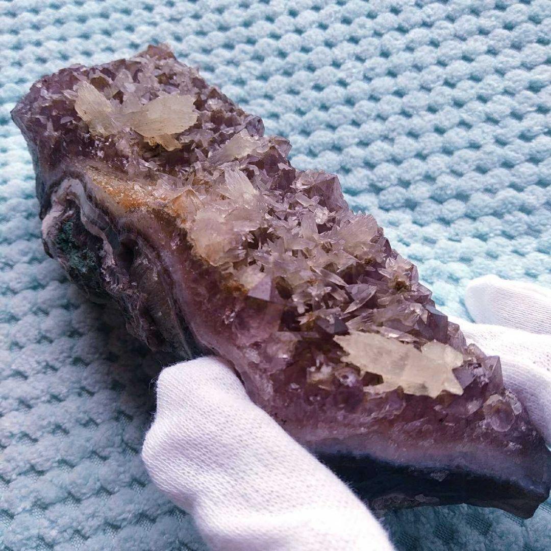 ⑭珍品! アメジスト ドッグトゥース カルサイト共生 犬牙状 原石 クラスター