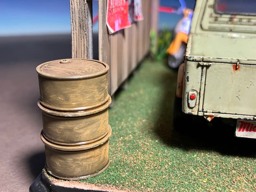 1/32 自作ジオラマ完成品 ミゼット&カブ 昭和レトロな風景 LED照明