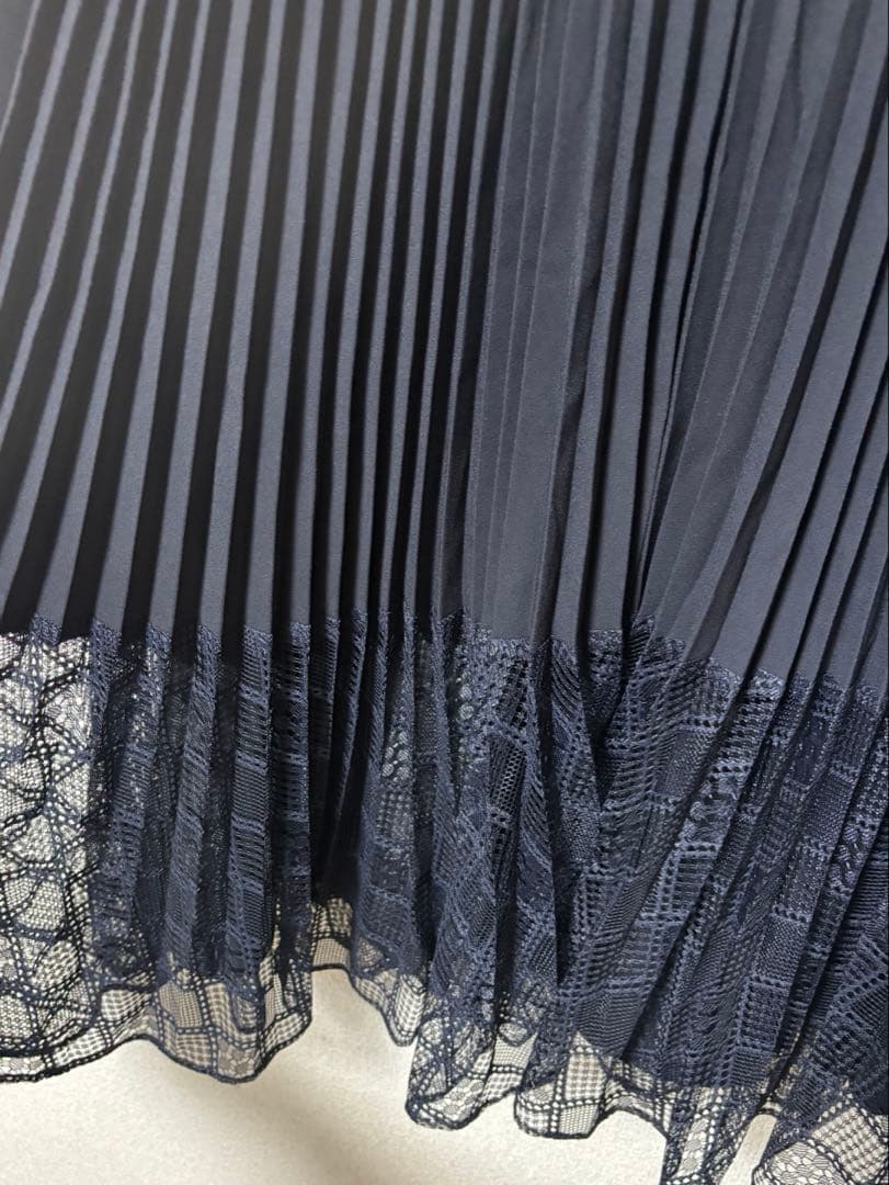 美品 EPOCA レースコンビパウダリージョーゼット プリーツスカート ネイビー